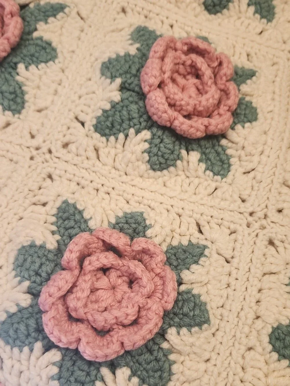 Handmade Crochet Rose Blanket - Pink & Green Floral Squares 38